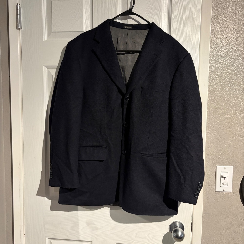 Oscar de la Renta Mens Navy Blue Wool 3-Button Blazer Sport Coat Sz 44R